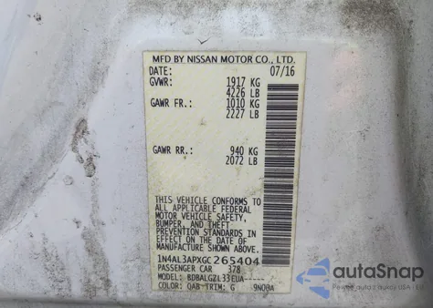 2016 Nissan Altima 2.5/S/Sv/Sl/Sr z USA, uszkodzony, nr VIN 1N4AL3APXGC265404